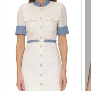 Avec Les Filles Denim and White tweed Button-Up Dress